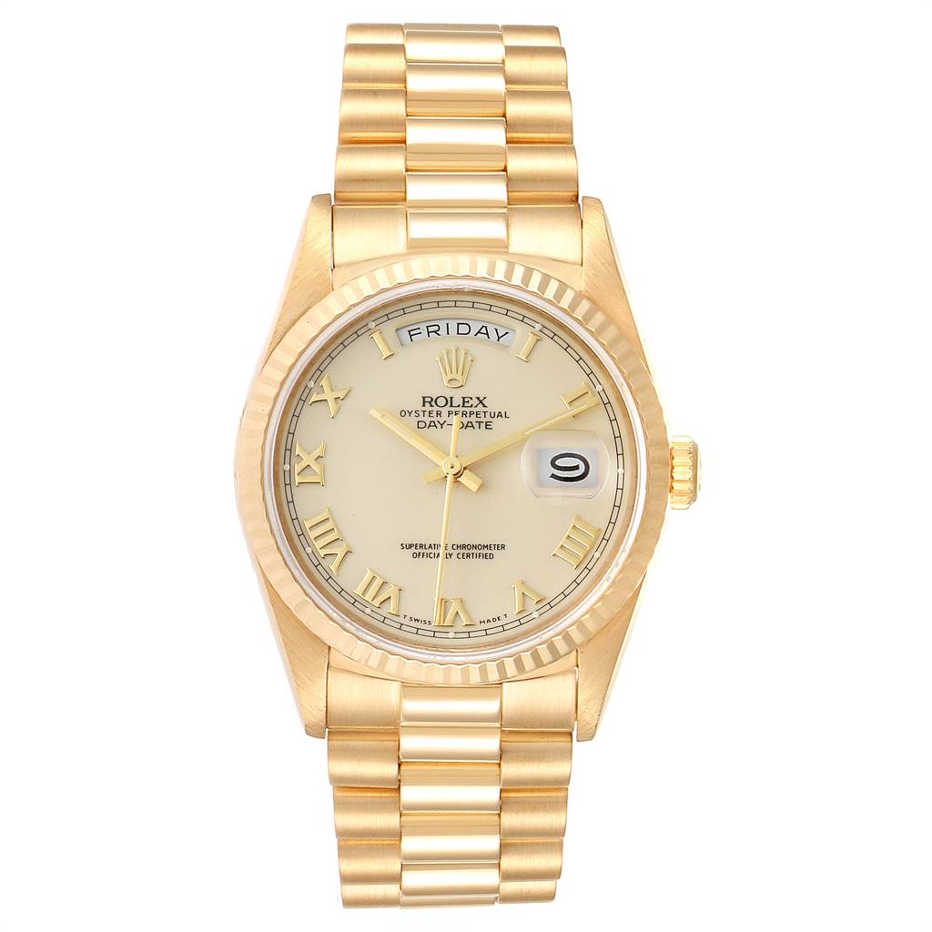 This Rolex President 18238 Men
s Yellow Gold Beige Dial 18238 Men
s Yellow Gold Beige Dial model watch is shown from a front angle, highlighting its dial, bezel, and bracelet.
