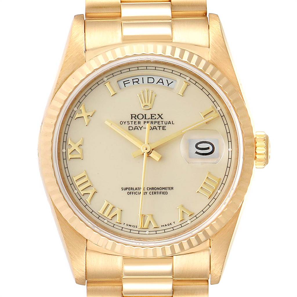 This image shows a front view of a Rolex President 18238 Men
s Yellow Gold Beige Dial 18238 Men
s Yellow Gold Beige Dial model watch, highlighting the dial, bezel, hands, and bracelet.