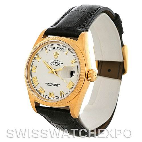 This Rolex President 18038 Men's Yellow Gold White Dial 18038 Men's Yellow Gold White Dial model watch is shown at a three-quarter angle, displaying the face, bezel, and leather strap.