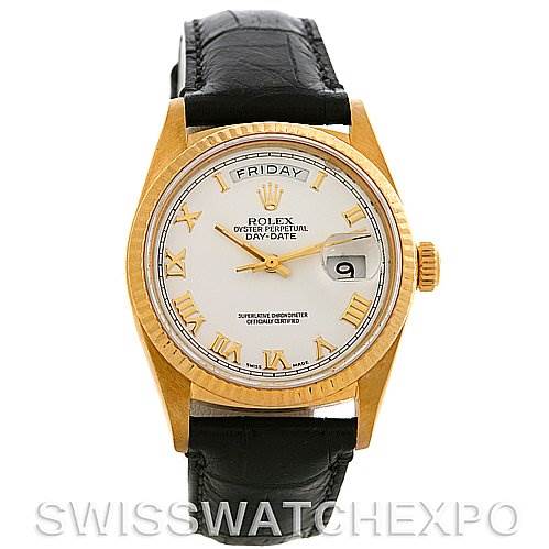 The image shows a front-facing view of a Rolex President 18038 Men's Yellow Gold White Dial 18038 Men's Yellow Gold White Dial model watch, displaying its round dial, bezel, and leather strap.