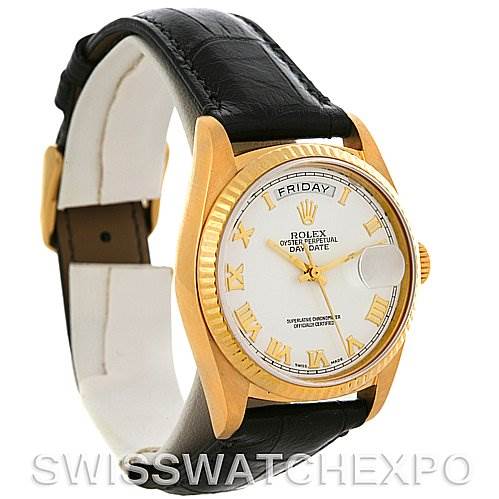 The image shows a Rolex President 18038 Men's Yellow Gold White Dial 18038 Men's Yellow Gold White Dial model watch at a slight angle, highlighting the bezel, dial, and leather strap.