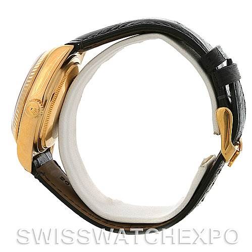 The image shows a side profile of a Rolex President 18038 Men's Yellow Gold White Dial 18038 Men's Yellow Gold White Dial model watch, highlighting its case, crown, and strap.