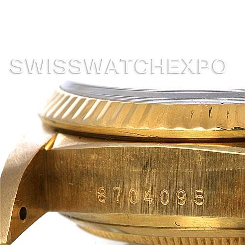 The image shows a close-up side view of the Rolex President 18038 Men's Yellow Gold White Dial 18038 Men's Yellow Gold White Dial model watch case and bezel, highlighting its serial number.
