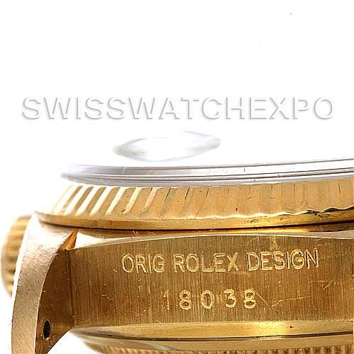 The image shows a close-up side view of the Rolex President 18038 Men's Yellow Gold White Dial 18038 Men's Yellow Gold White Dial model, highlighting the bezel, case, and engraved model number 18038.