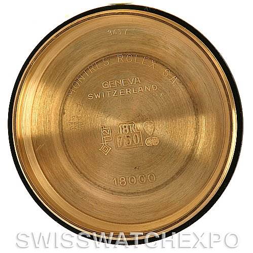 The image shows the inside case back of a Rolex President 18038 Men's Yellow Gold White Dial 18038 Men's Yellow Gold White Dial model watch, displaying inscriptions and gold markings.