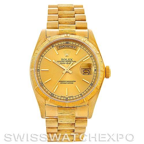 The image shows a front view of a Rolex President 18038 Men
s Yellow Gold Champagne Dial 18038 Men
s Yellow Gold Champagne Dial model watch, displaying the dial, bracelet, and day-date feature.