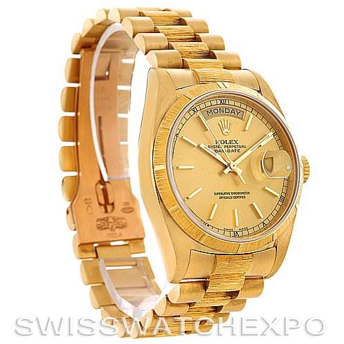 The image displays a side and front angle of a Rolex President 18038 Men
s Yellow Gold Champagne Dial 18038 Men
s Yellow Gold Champagne Dial model watch, showcasing its gold bracelet, dial, and day-date features.