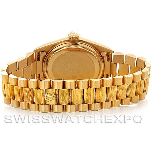 The image shows the back view of a Rolex President 18038 Men
s Yellow Gold Champagne Dial 18038 Men
s Yellow Gold Champagne Dial model watch, highlighting the bracelet and clasp.