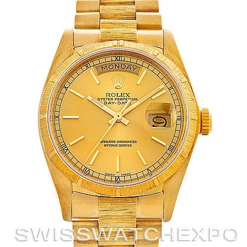 This image shows a front view of the Rolex Day-Date President model watch, highlighting its dial and bracelet.