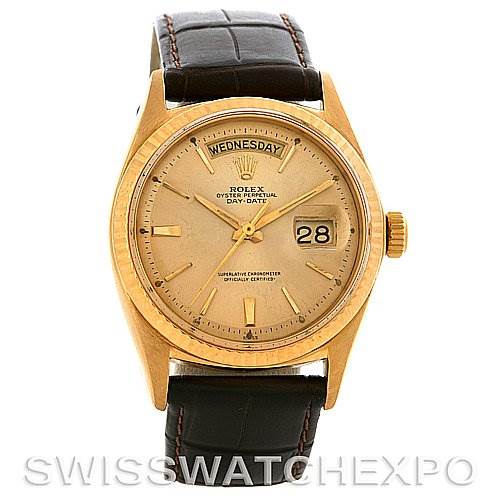 This image shows a Rolex President 1803 Men's Yellow Gold Champagne Dial 1803 Men's Yellow Gold Champagne Dial model watch from a front angle, displaying its dial, crown, and leather strap.