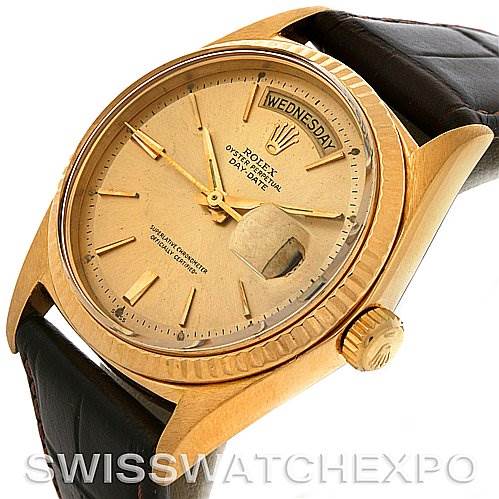 The image shows a Rolex President 1803 Men's Yellow Gold Champagne Dial 1803 Men's Yellow Gold Champagne Dial model watch at a three-quarter angle, highlighting its dial, crown, and leather strap.