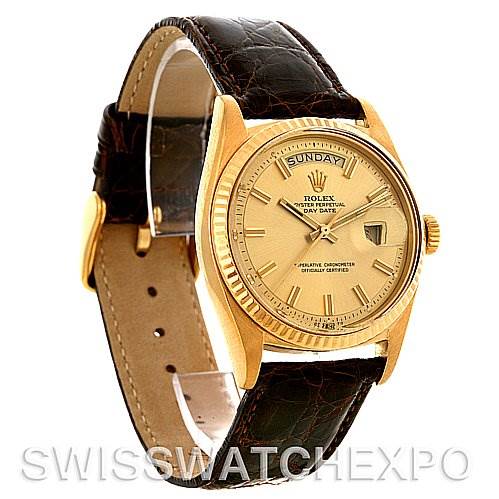 The image shows a Rolex President 1803 Men's Yellow Gold Champagne Dial 1803 Men's Yellow Gold Champagne Dial model watch from a front angle, highlighting its gold case, dial, and leather strap.