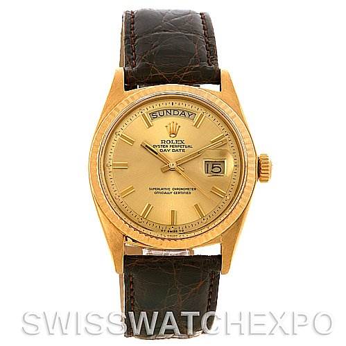 The Rolex President 1803 Men's Yellow Gold Champagne Dial 1803 Men's Yellow Gold Champagne Dial model watch is shown from a front angle, highlighting the dial, case, and leather strap.