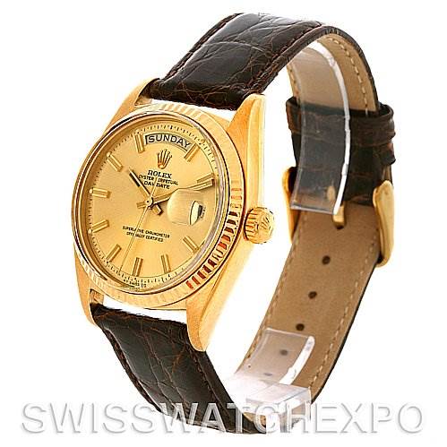 The image shows a Rolex President 1803 Men's Yellow Gold Champagne Dial 1803 Men's Yellow Gold Champagne Dial model watch at a slight angle, highlighting the dial, bezel, crown, case, and leather strap.