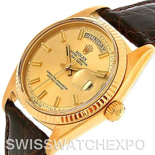 This image shows a Rolex President 1803 Men's Yellow Gold Champagne Dial 1803 Men's Yellow Gold Champagne Dial model watch at an angled view, highlighting the dial, bezel, crown, and part of the strap.