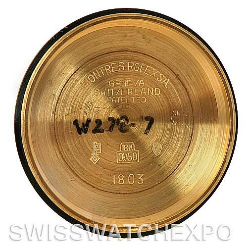 This image shows the inner case back of a Rolex President 1803 Men's Yellow Gold Champagne Dial 1803 Men's Yellow Gold Champagne Dial model watch, displaying inscriptions and hallmark details.