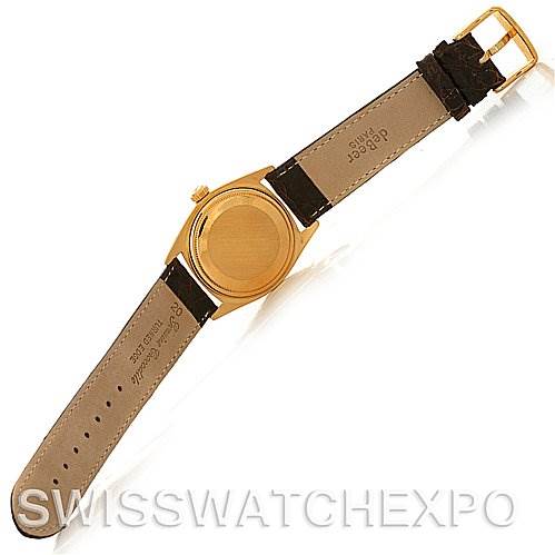 The image shows the back and strap of the Rolex President 1803 Men's Yellow Gold Champagne Dial 1803 Men's Yellow Gold Champagne Dial model watch, laid flat and viewed from above.