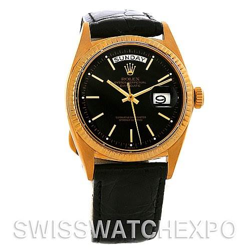 The image shows a frontal view of a Rolex President 1803 Men
s Yellow Gold Black Dial 1803 Men
s Yellow Gold Black Dial model watch with a black dial, gold case, and black leather strap.