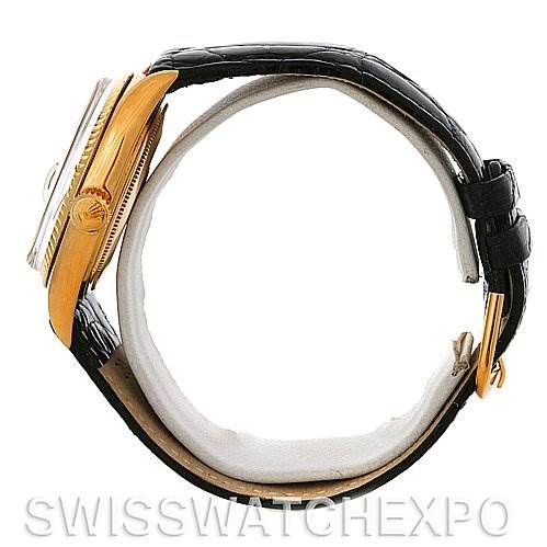 This image shows a side view of a Rolex President 1803 Men
s Yellow Gold Black Dial 1803 Men
s Yellow Gold Black Dial watch, with attention to the bezel, crown, case, and strap.