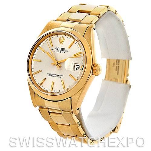 This image shows a gold Rolex President 1500 Men's Yellow Gold Silver Dial 1500 Men's Yellow Gold Silver Dial model watch at an angle showcasing the dial, bezel, crown, and partial bracelet.