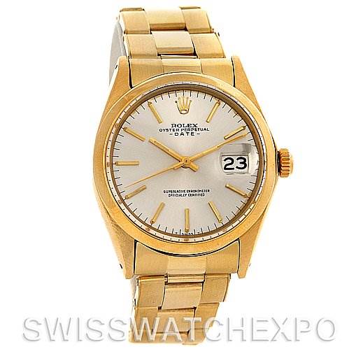 The image shows a front view of the Rolex President 1500 Men's Yellow Gold Silver Dial 1500 Men's Yellow Gold Silver Dial model, displaying the dial, hands, date window, and bracelet.
