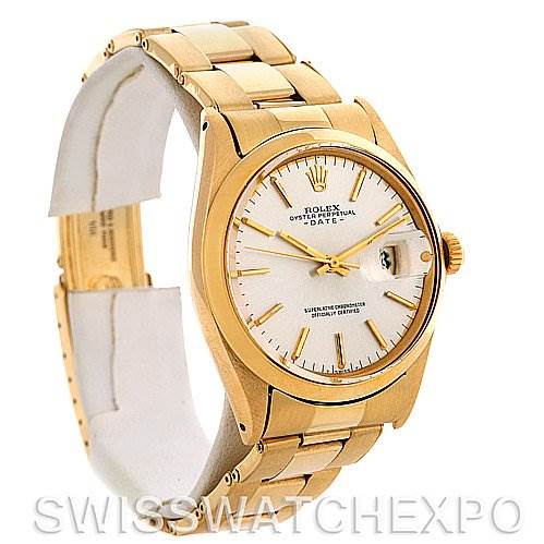 The image shows a side angle of a Rolex President 1500 Men's Yellow Gold Silver Dial 1500 Men's Yellow Gold Silver Dial model watch, highlighting its gold bracelet, dial, and crown.