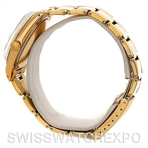 The image shows a side view of the Rolex President 1500 Men's Yellow Gold Silver Dial 1500 Men's Yellow Gold Silver Dial model watch, highlighting the crown, case, and bracelet.