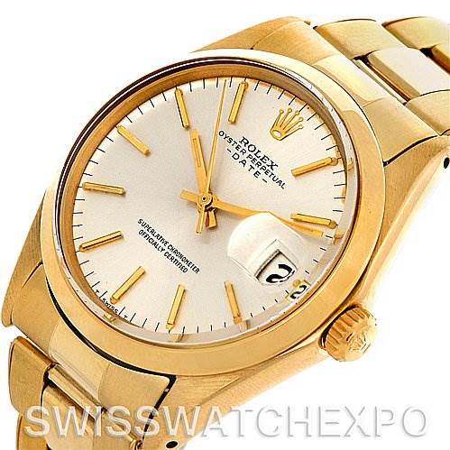 This image shows a close-up, angled view of the dial, crown, and bracelet of a Rolex President 1500 Men's Yellow Gold Silver Dial 1500 Men's Yellow Gold Silver Dial model watch.