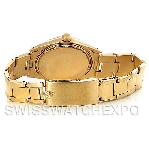 The image shows the back view of a Rolex President 1500 Men's Yellow Gold Silver Dial 1500 Men's Yellow Gold Silver Dial model watch, highlighting the bracelet and clasp.