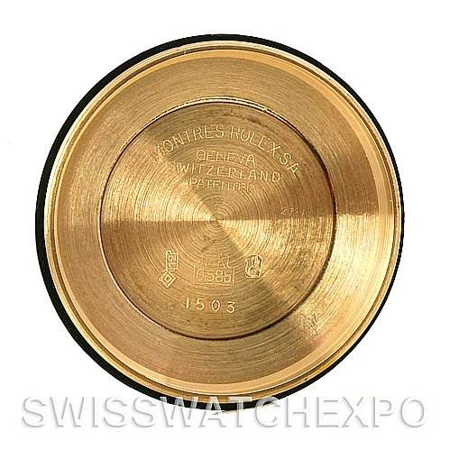 The image shows the inner case back of a Rolex President 1500 Men's Yellow Gold Silver Dial 1500 Men's Yellow Gold Silver Dial watch model.