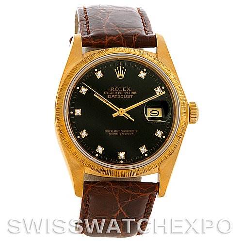 The image shows a front view of a Rolex President 16078 Men
s Yellow Gold Black Dial 16078 Men
s Yellow Gold Black Dial model watch displaying the face, bezel, crown, and leather strap.