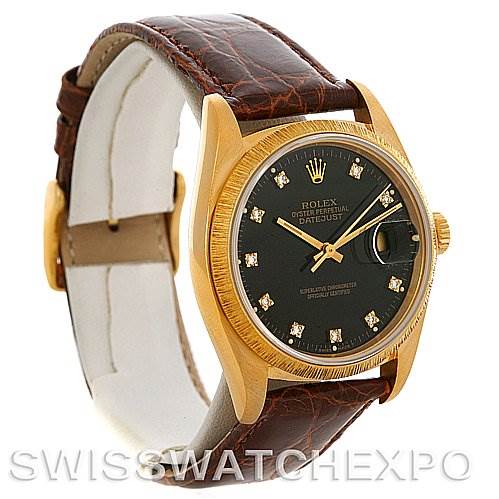 The image shows a Rolex President 16078 Men
s Yellow Gold Black Dial 16078 Men
s Yellow Gold Black Dial model watch angled slightly to display the face, gold case, brown leather strap, and crown.