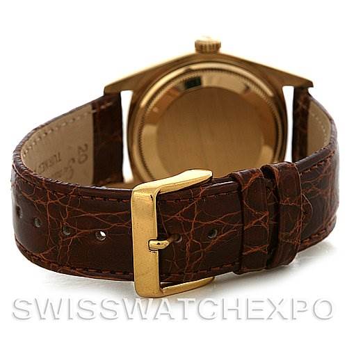 The image shows the back and leather strap of a Rolex President 16078 Men
s Yellow Gold Black Dial 16078 Men
s Yellow Gold Black Dial model watch.