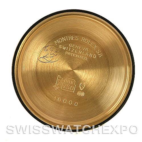 This image shows the inside of the case back of a Rolex President 16078 Men
s Yellow Gold Black Dial 16078 Men
s Yellow Gold Black Dial watch, featuring engravings and branding.