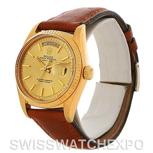 This image shows a Rolex President 1803 Men's Yellow Gold Champagne Dial 1803 Men's Yellow Gold Champagne Dial model watch from an oblique angle, highlighting the face, bezel, crown, and leather strap.