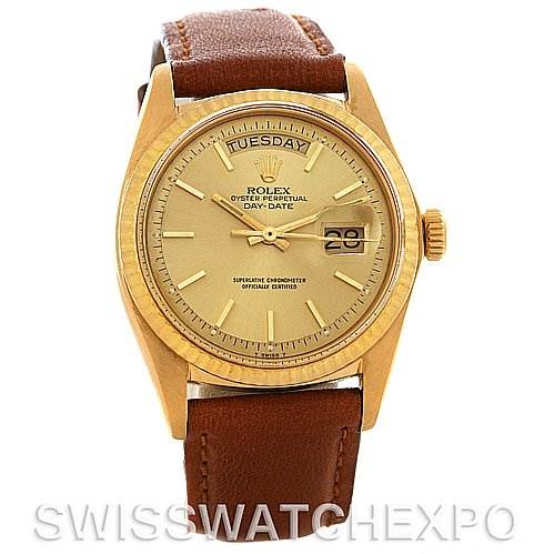 The Rolex President 1803 Men's Yellow Gold Champagne Dial 1803 Men's Yellow Gold Champagne Dial model watch is shown from the front, displaying the dial, case, bezel, and part of the leather strap.