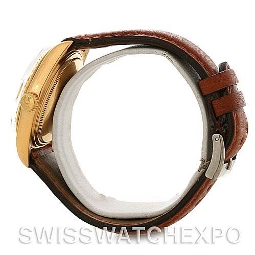 The image shows a side view of the Rolex President 1803 Men's Yellow Gold Champagne Dial 1803 Men's Yellow Gold Champagne Dial model watch, highlighting the case and brown leather strap.