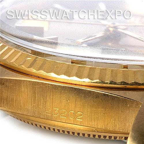 This image shows a close-up angle of the side of the Rolex President 1803 Men's Yellow Gold Champagne Dial 1803 Men's Yellow Gold Champagne Dial model watch, highlighting the case, bezel, and part of the crystal.