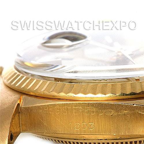 The image shows a close-up side angle of a Rolex President 1803 Men's Yellow Gold Champagne Dial 1803 Men's Yellow Gold Champagne Dial model watch, highlighting the bezel and part of the case with model number 1803.