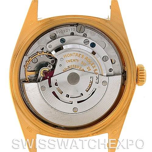 This image shows the back view of the Rolex President 1803 Men's Yellow Gold Champagne Dial 1803 Men's Yellow Gold Champagne Dial watch model, highlighting its internal movement mechanism.