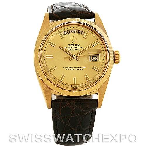 The image shows a Rolex President 1803 Men's Yellow Gold Champagne Dial 1803 Men's Yellow Gold Champagne Dial model watch from a straight-on angle, featuring the face, bezel, crown, and part of the leather strap.