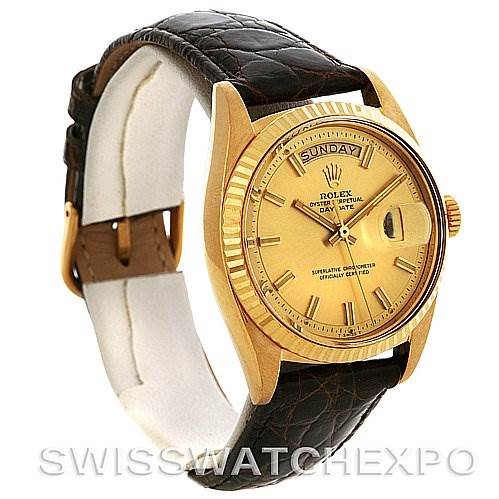 The image shows a Rolex President 1803 Men's Yellow Gold Champagne Dial 1803 Men's Yellow Gold Champagne Dial model watch angled from the front and left side, highlighting its gold case and black leather strap.