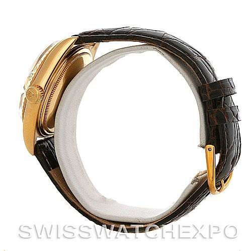 The image shows a side view of a Rolex President 1803 Men's Yellow Gold Champagne Dial 1803 Men's Yellow Gold Champagne Dial model watch, focusing on its gold case and brown leather strap.