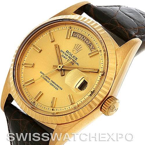 The image shows a Rolex President 1803 Men's Yellow Gold Champagne Dial 1803 Men's Yellow Gold Champagne Dial watch from an angled top-down view, displaying its dial, bezel, crown, and part of the leather strap.