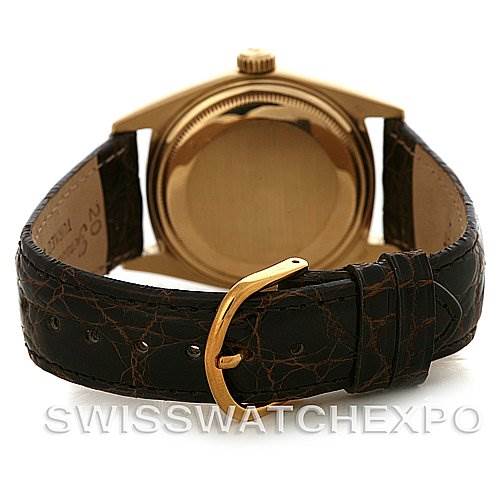 The image shows the back case and leather strap of the Rolex President 1803 Men's Yellow Gold Champagne Dial 1803 Men's Yellow Gold Champagne Dial model watch from a rear angle.