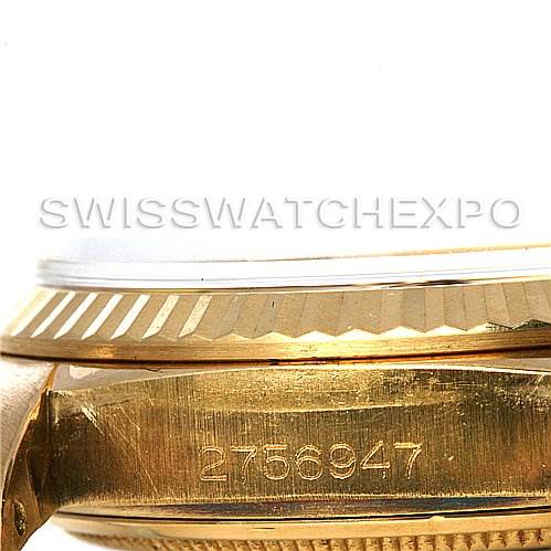 The image shows a close-up of the case side, bezel, and serial number of a Rolex President 1803 Men's Yellow Gold Champagne Dial 1803 Men's Yellow Gold Champagne Dial model watch.