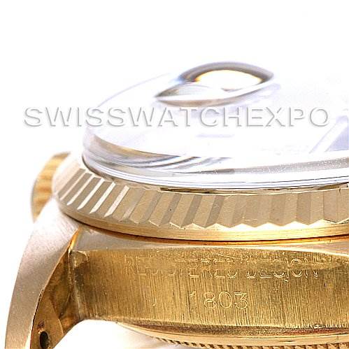 The image shows a close-up side view of the bezel and case of a Rolex President 1803 Men's Yellow Gold Champagne Dial 1803 Men's Yellow Gold Champagne Dial model watch.