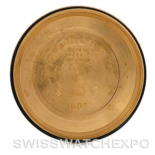 The image shows the inside of the case back of a Rolex President 1803 Men's Yellow Gold Champagne Dial 1803 Men's Yellow Gold Champagne Dial model watch, with inscriptions and model number visible.