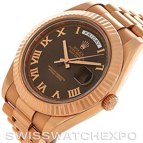 The Rolex President 218235RRP Men's Rose Gold Pink Dial 218235RRP Men's Rose Gold Pink Dial model watch is shown at an angle displaying the face, crown, and bracelet.