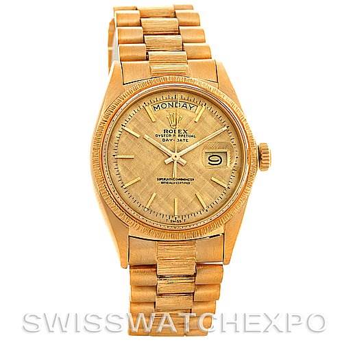 The image shows a frontal view of a Rolex President 1807 Men's Yellow Gold Champagne Dial 1807 Men's Yellow Gold Champagne Dial model watch, highlighting the dial, bezel, crown, and bracelet.